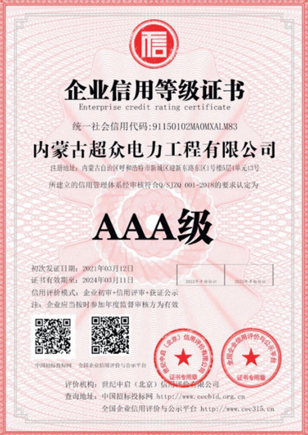企業AAA級信用等級證書